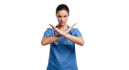 young caucasian female physician in royal blue scrubs, severe bun, crossing arms in a definitive prohibition gesture against a transparent, high-key studio background. concept of urgent medical