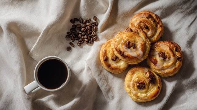 Flat lay of freshly baked Danish pastries glazed and golden with coffee beans and a linen napkin