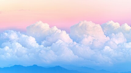 A serene sky with fluffy white clouds and a gradient of pink and blue hues.
