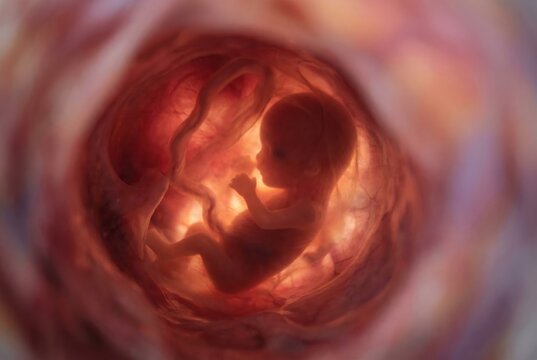 Fetus developing in the womb, representing the intricate process of human embryonic development, new life, and concepts around pregnancy, maternity, and fertility