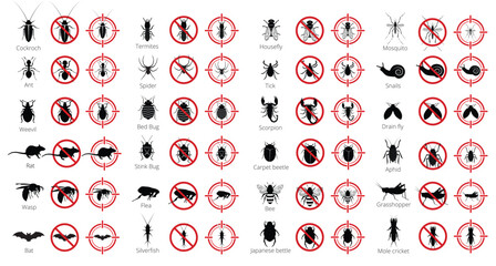 Pest control icons set. Prohibited insects, animals, and bugs vector set. Extermination, forbidden, or no-pest signs © Tamim 99Graphics