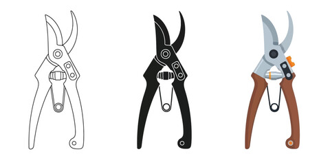 Three pruning shears icons outline, silhouette, and color illustration