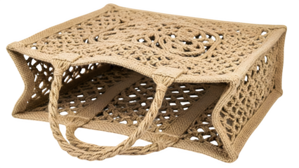 Woven jute tote bag with handles, isolated on transparent background