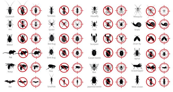 Pest control icons set. Prohibited insects, animals, and bugs vector set. Extermination, forbidden, or no-pest signs