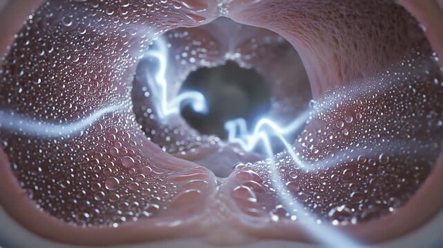 Humidification inside the nasal cavity, water vapor condensing on mucosal surfaces in tiny droplets. Air streams pick up moisture as they pass, creating glowing trails that represent warmed