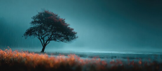 Lone tree in moody landscape, illuminated grass. Overcast sky