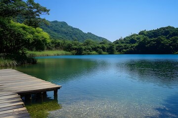 Wooden pier on clear blue lake surrounded by lush green forest