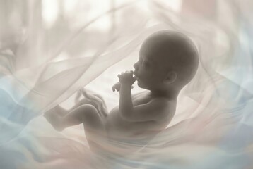 Naklejka premium Fetus developing inside a light, flowing, abstract womb, symbolizing new life, pregnancy, and fertility concepts for hopeful parents and medical advancements