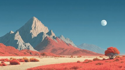 A vibrant, surreal mountain landscape with a full moon and reddish hues