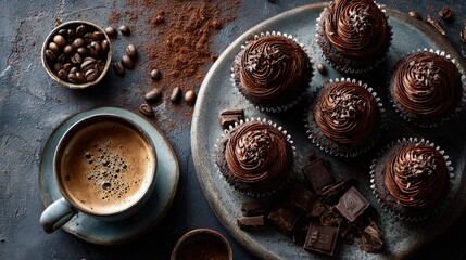 A flat lay of espresso cupcakes coffee beans chocolate shavings and a vintage mug warm and inviting