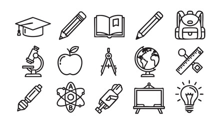 Education icons set with graduation cap pencil microscope and apple