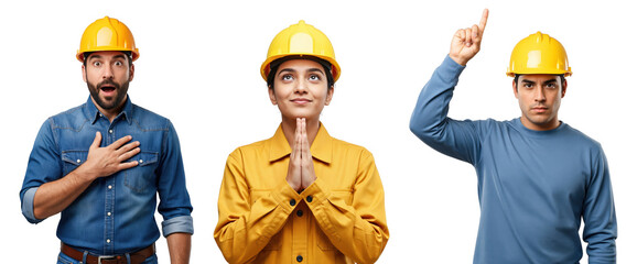Three diverse young adult construction workers, two men and one woman, wearing yellow hard hats, expressing surprise, gratitude, and an idea, isolated on a transparent background.