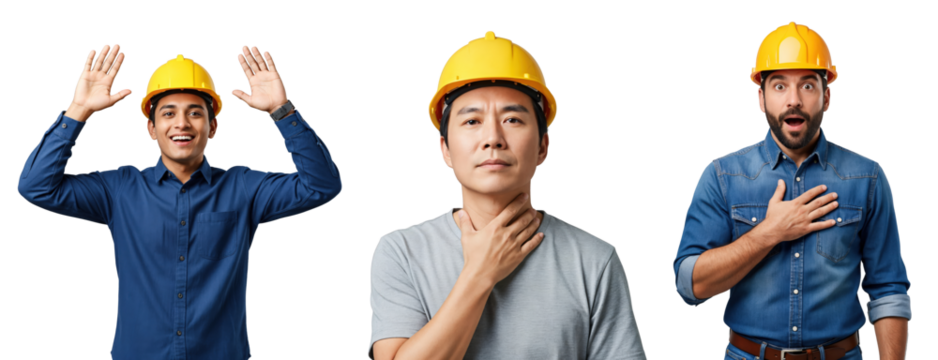 Three adult male construction workers of diverse ethnicities wearing yellow hard hats, each displaying distinct emotions and gestures, isolated on a transparent background. - Powered by Adobe