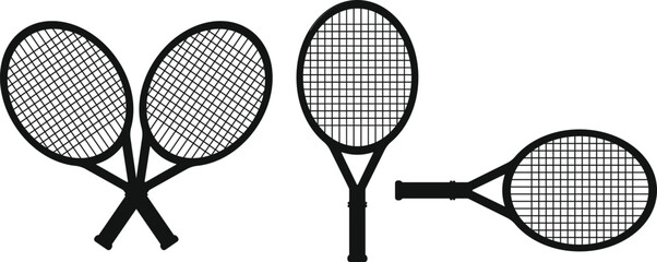 Black tennis racket silhouettes shown in a clean minimal style. Classic sports equipment illustration perfect for training or athletic design projects. Simple vector rackets ideal for logos and icons.