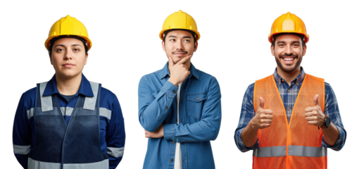 Portrait of three diverse construction professionals: a serious woman, a thoughtful Asian man, and a cheerful Hispanic man, wearing hard hats and safety vests on black.