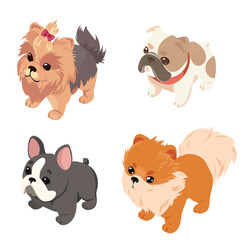 A charming vector set featuring isometric dog illustrations, including popular breeds like English Bulldogs, French Bulldogs, Pomeranians, and Yorkshire Terriers. 