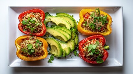 A colorful flat lay of a vegetarian dinner stuffed bell peppers quinoa salad and avocado slices on a white tray