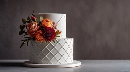 Modern minimalist wedding cake with clean white fondant geometric patterns and a single bold floral arrangement on top