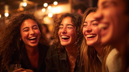 Friends enjoy laughter and drinks in a lively setting during night time together