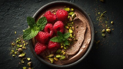 Vegan dish Flat lay of a decadent vegan chocolate avocado mousse with raspberries mint leaves and crushed pistachios