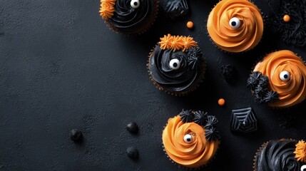 Flat lay of Halloween-themed cupcakes black and orange frosting candy eyes and spooky decorations dark background