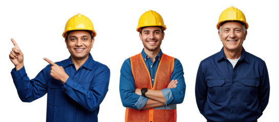 Diverse group of happy male construction workers and engineers wearing hard hats and uniforms, smiling confidently on a transparent background, representing teamwork and safety.