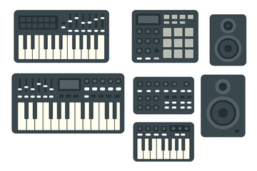 Collection of music production equipment icons with keyboards and speakers