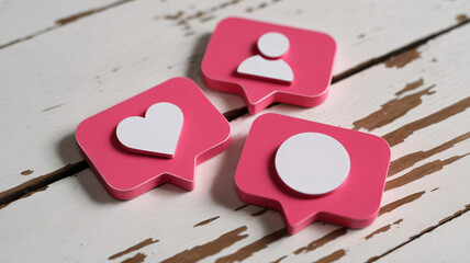 Social Media Interaction Icons – Pink Speech Bubbles with Heart, Profile, and Notification Symbols