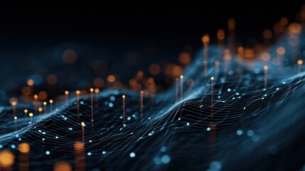 Digital Landscape: An intricate digital tapestry of interconnected nodes and lines illustrates the complexities of technology and the digital world, emitting a radiant glow amidst a dark.