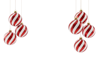 Hanging Red and White Striped Christmas Ornaments Cluster in Tree Shape, 3D Render Isolated on transparent background