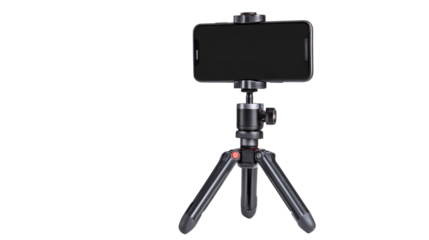 Compact mini tripod securely holding smartphone horizontally, showcasing stable mobile filming setup ideal for photography, videography, streaming and content creation on white background