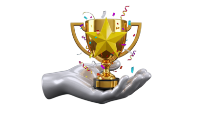 Hand Holding Trophy with Confetti - Achievement Concept