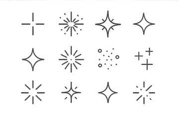 Set of twelve simple line icons representing sparkles, shine, and glitter effects