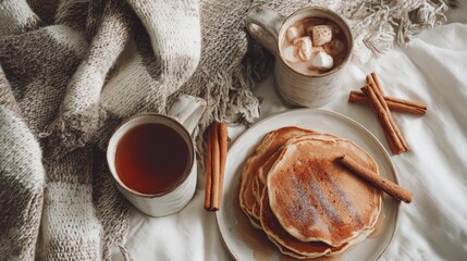 Flat lay of a cozy winter breakfast steaming pancakes maple syrup cinnamon sticks and a mug of hot cocoa