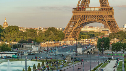 Sunset view of Eiffel Tower timelapse with fountain in Jardins du Trocadero in Paris, France.