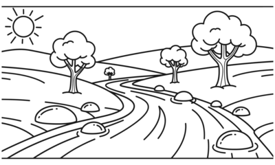 Path winding through hilly landscape with trees and sun