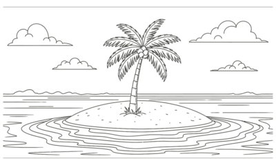Desert island with palm tree and clouds in ocean line art