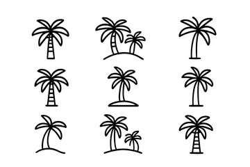 Fototapeta premium Nine simple black outline icons depicting various palm tree shapes