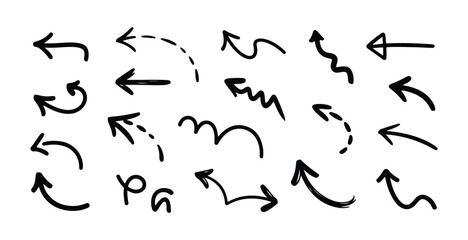 Assortment of black hand drawn arrows pointing in various directions on isolated white background illustration