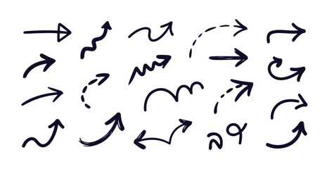 Variety of black hand drawn arrows pointing in various directions on isolated white background illustration