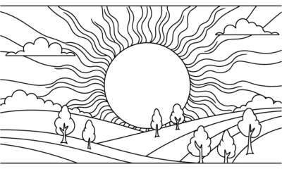 Sun rising over rolling hills with trees in line art style