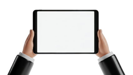 Hands Holding Tablet with Blank Screen on White Background