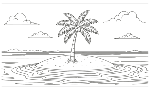 Desert island with palm tree and clouds in ocean line art - Powered by Adobe