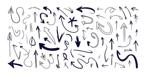 Set of 65 hand drawn doodle arrows for navigation or direction, sketch arrows, pointers and cursors