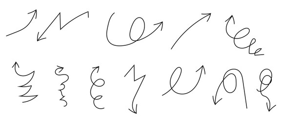 Set of simple lines hand drawn black arrows in various style. Charcoal hand drawn pencil arrows. Doodle curved chalk darts.