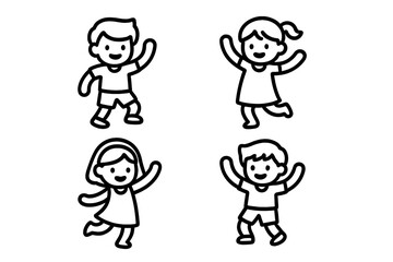 Four cheerful children icons waving and jumping in simple outline style