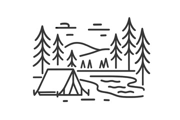 Minimalist line art camping scene featuring tent and pine trees © Alan