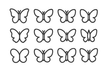 Twelve simple outline butterfly icons in various minimalist styles