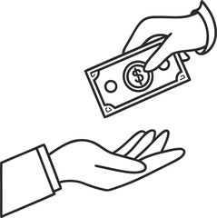 Simple outline of a hand receiving money icon on white background