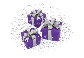 Three Purple Gift Boxes with Silver Ribbon and Confetti Isolated on Transparent Background